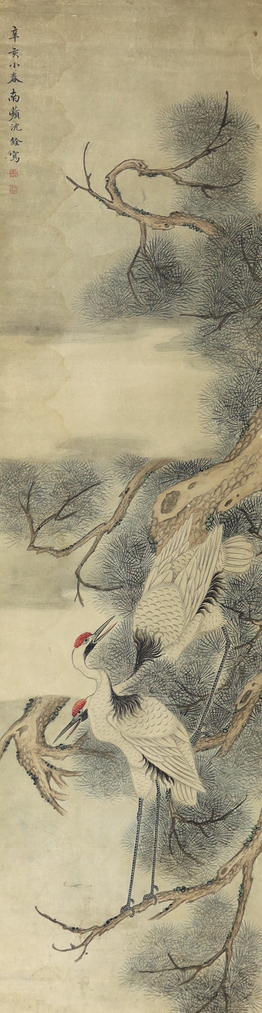 A Chinese scroll painting on paper of cranes perched in a pine tree, 19th century, image 163.5cm x 44cm